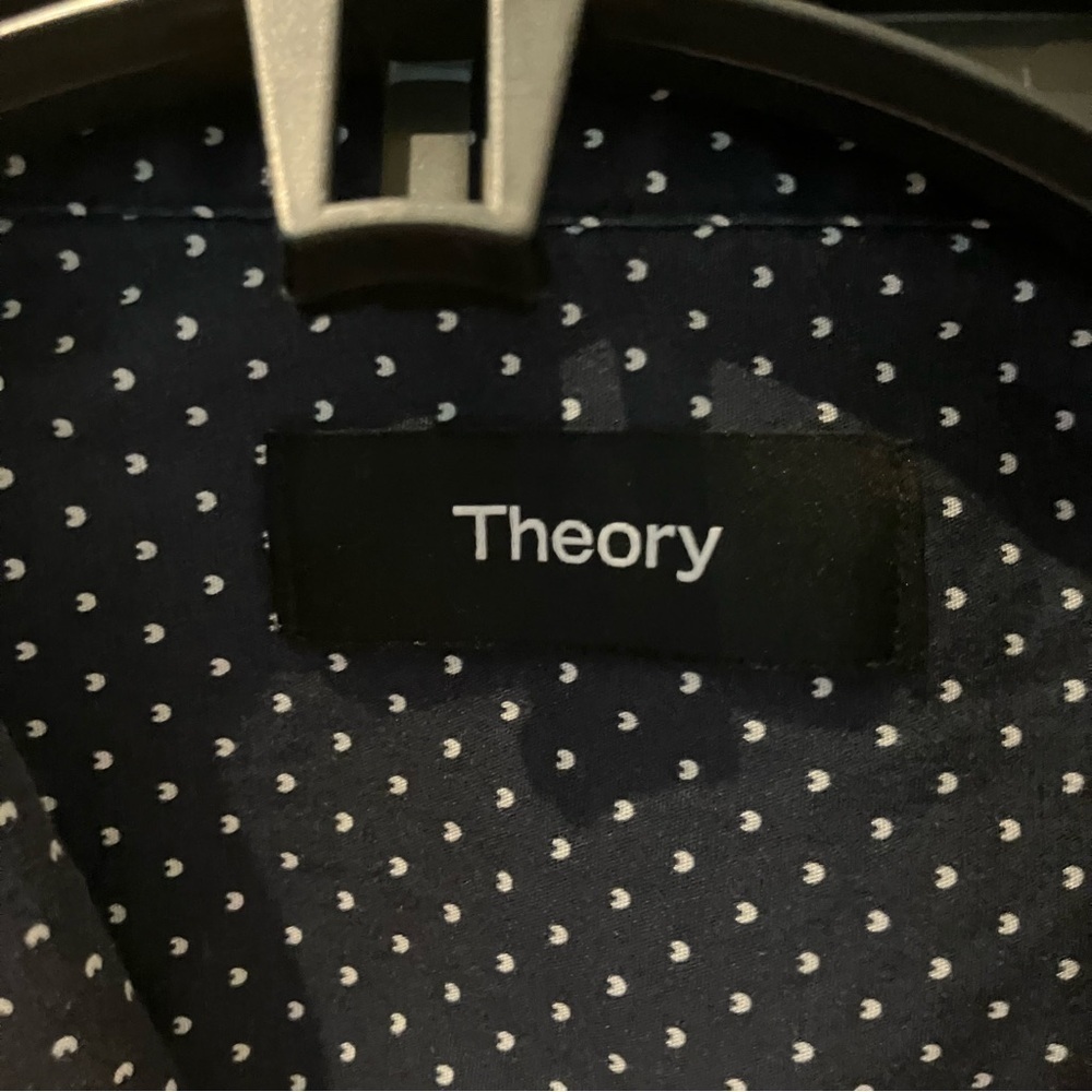 Theory Mens Navy Blue Dots Long Sleeve Collard Shirt (L) - Picture 7 of 8